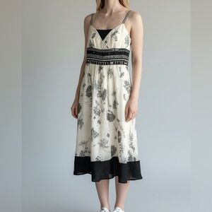 Laundry by Shelli Segal Ivory Silk Floral‎ Print Dress • Sz 12 • Bead Trim Lined